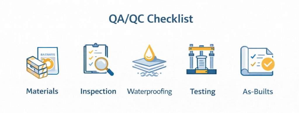 QAQC checklist icons in blue and gold