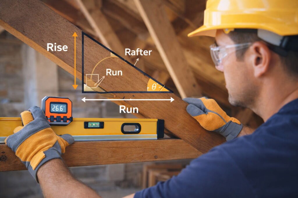 Measuring roof pitch in the attic