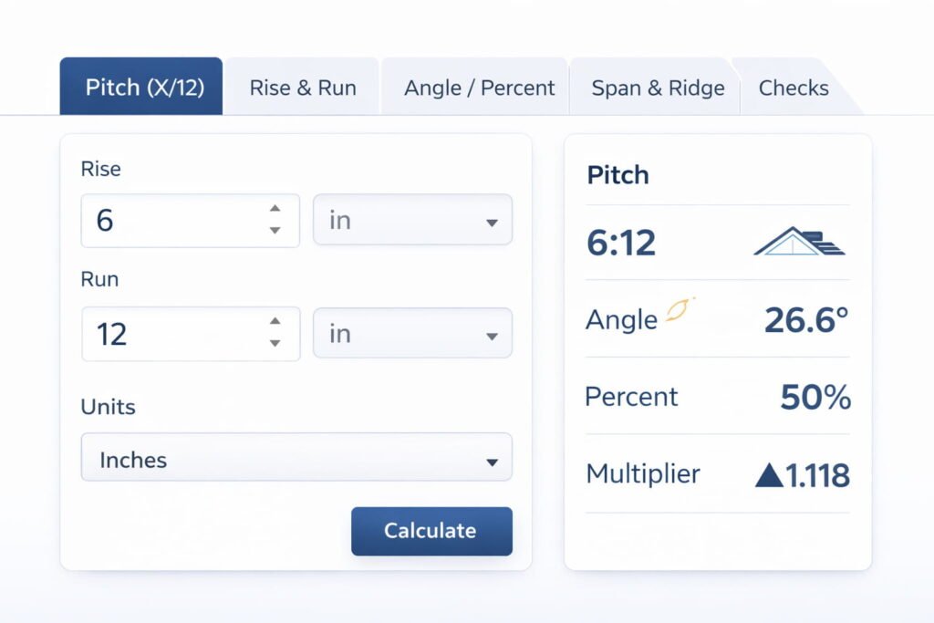 Roof pitch calculator interface screenshot