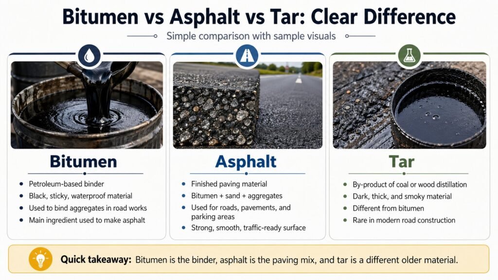 Bitumen vs Asphalt vs Tar Clear Difference